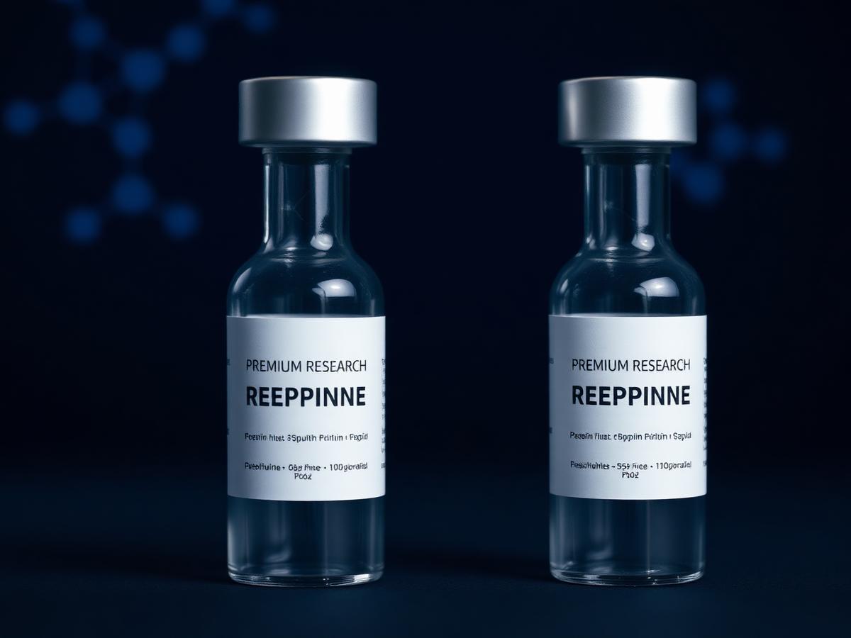 Lyophilized research peptide vials on a laboratory bench